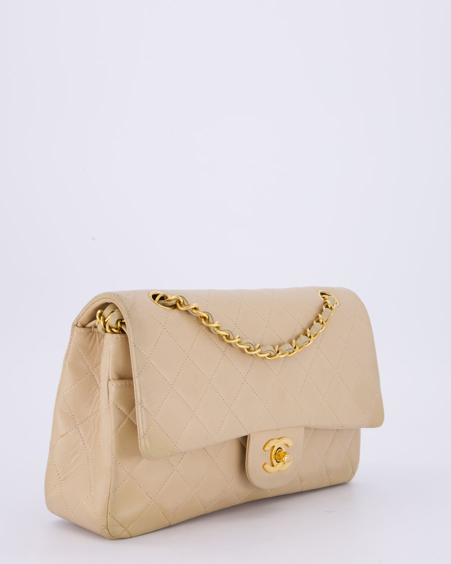 Chanel Vintage Beige Medium Classic Double Flap Bag in Lambskin Leather with 24K Gold Hardware