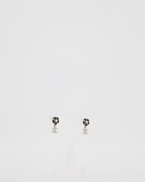 Chanel Silver Crystal Embellished CC Logo and Camellia Flower with Pearl Detail Earrings