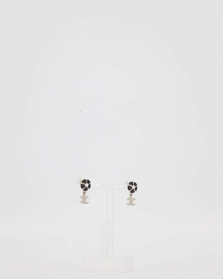 Chanel Silver Crystal Embellished CC Logo and Camellia Flower with Pearl Detail Earrings