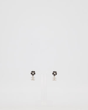 Chanel Silver Crystal Embellished CC Logo and Camellia Flower with Pearl Detail Earrings
