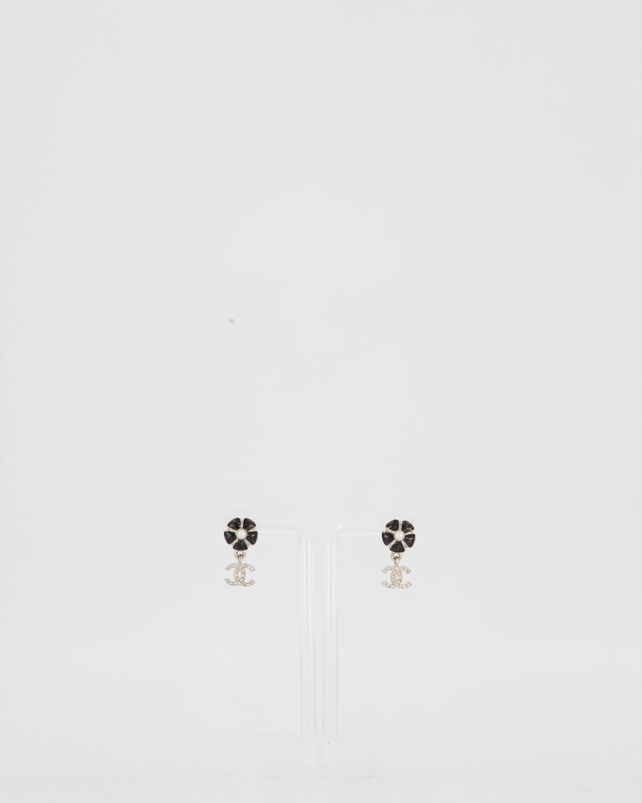 Chanel Silver Crystal Embellished CC Logo and Camellia Flower with Pearl Detail Earrings