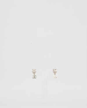 Chanel Silver Crystal Embellished CC Logo and Camellia Flower with Pearl Detail Earrings