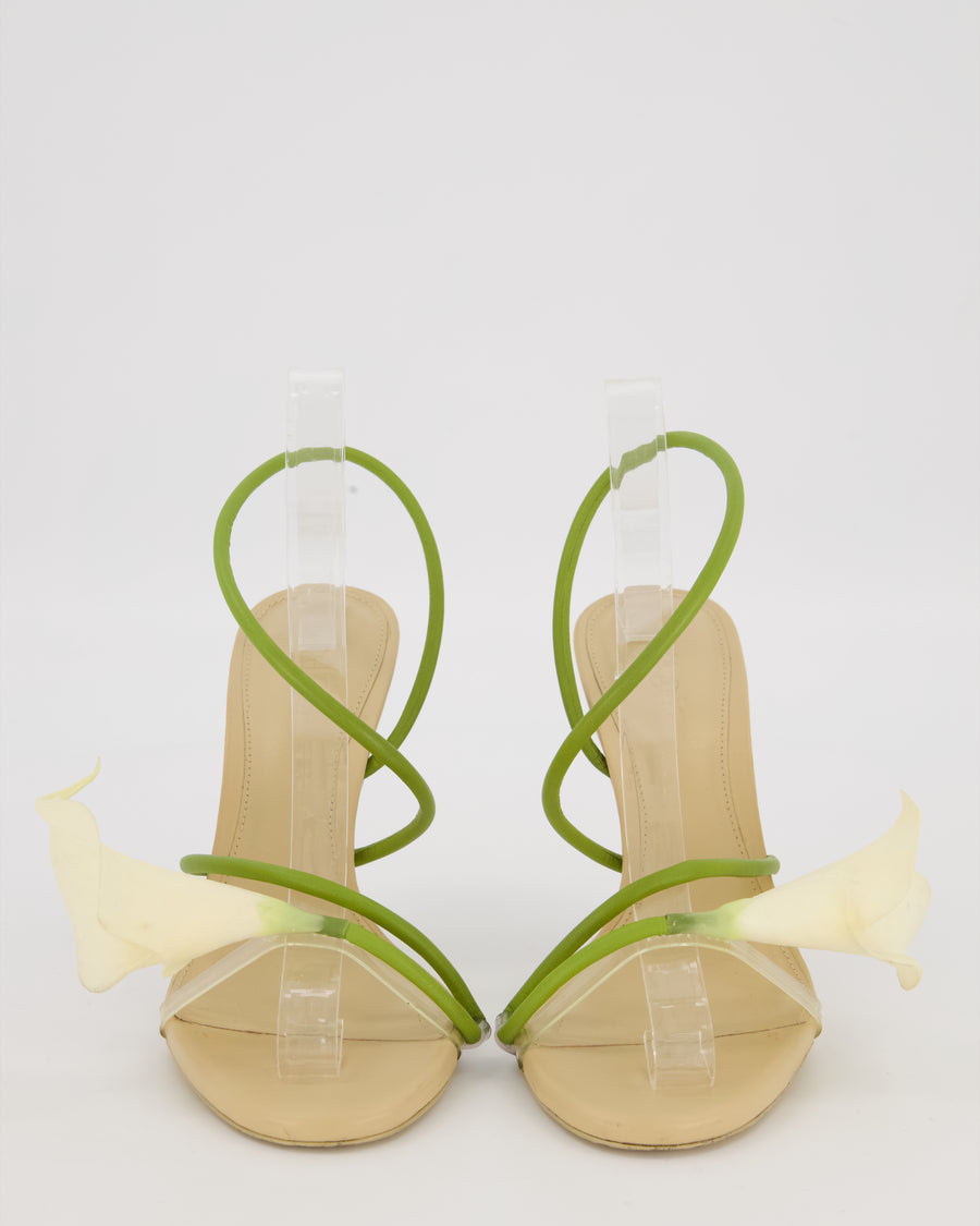 Cult Gaia Beige Cassidy Sculptural With Calla Lily Flower Heeled Sandals In Leather and PVC Size EU 37.5