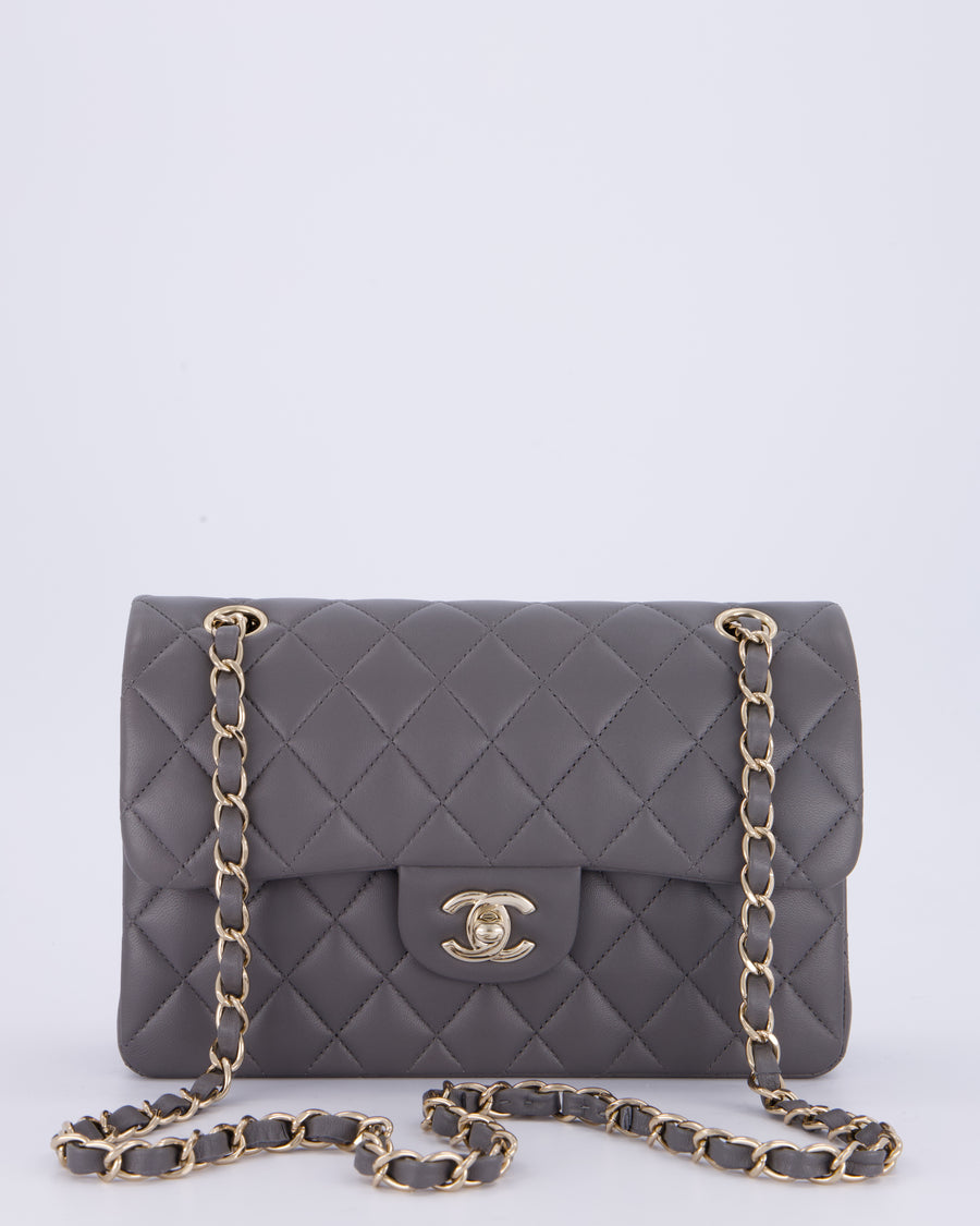 Chanel Dark Grey Small Classic Double Flap Bag in Lambskin Leather with Champagne Gold Hardware