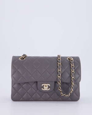 Chanel Dark Grey Small Classic Double Flap Bag in Lambskin Leather with Champagne Gold Hardware