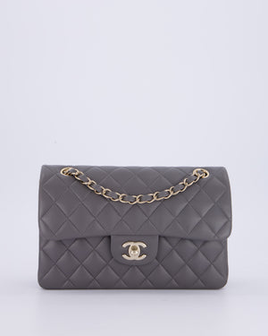 Chanel Dark Grey Small Classic Double Flap Bag in Lambskin Leather with Champagne Gold Hardware