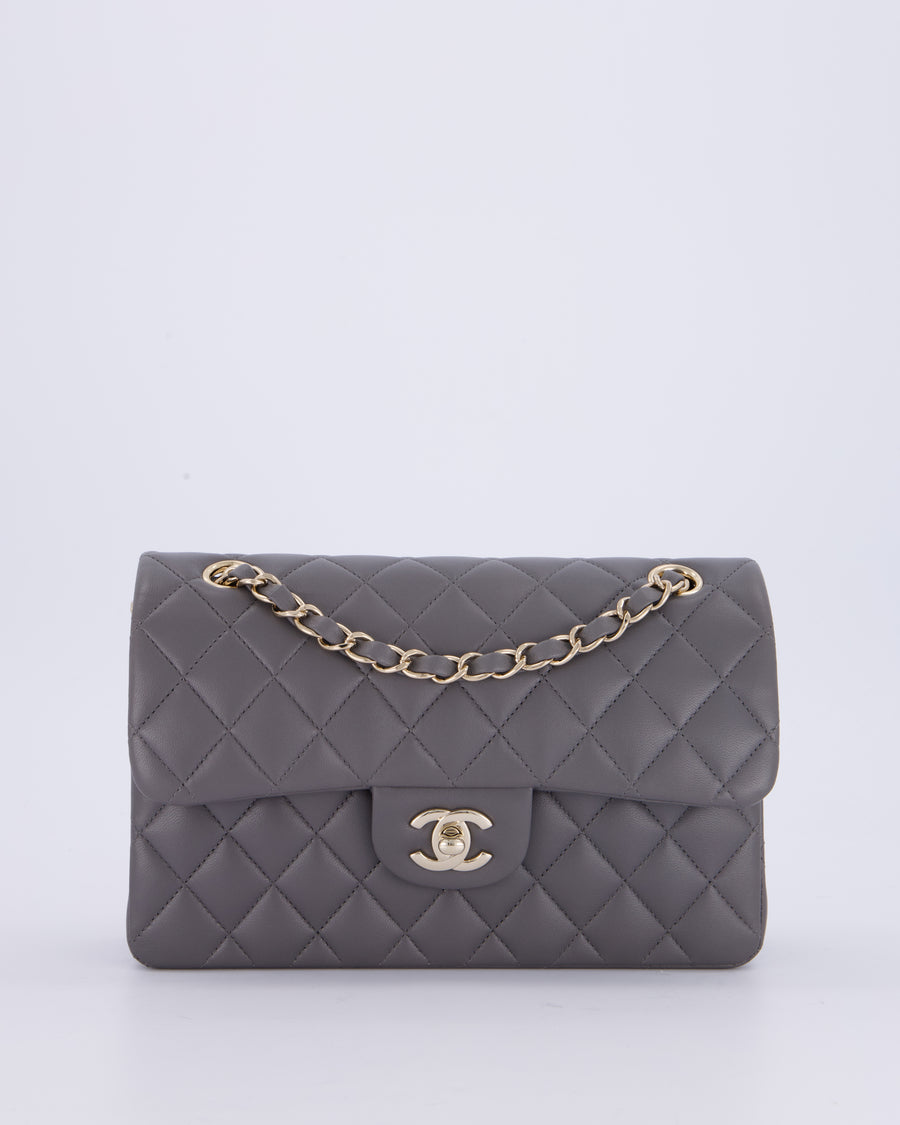 Chanel Dark Grey Small Classic Double Flap Bag in Lambskin Leather with Champagne Gold Hardware
