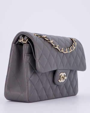 Chanel Dark Grey Small Classic Double Flap Bag in Lambskin Leather with Champagne Gold Hardware