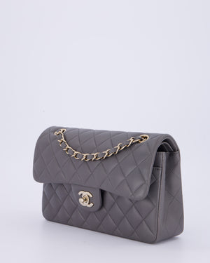 Chanel Dark Grey Small Classic Double Flap Bag in Lambskin Leather with Champagne Gold Hardware
