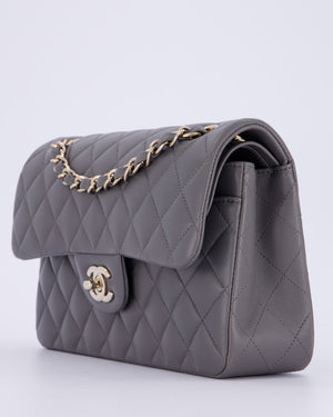 Chanel Dark Grey Small Classic Double Flap Bag in Lambskin Leather with Champagne Gold Hardware