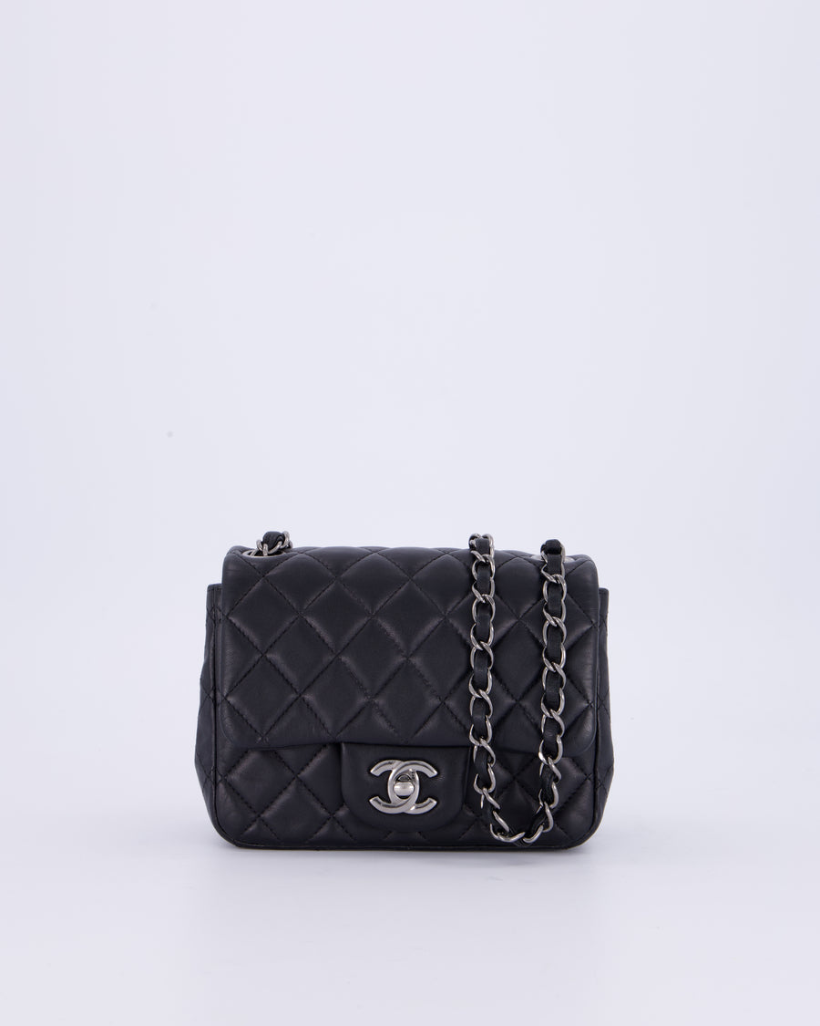 Chanel Black Mini Square Classic Flap Bag in Quilted Lambskin Leather with Silver Hardware