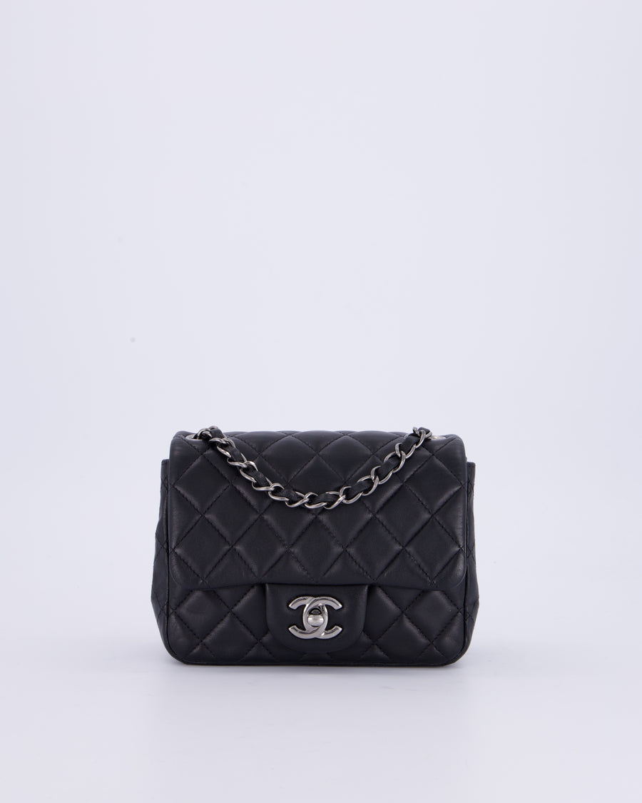 Chanel Black Mini Square Classic Flap Bag in Quilted Lambskin Leather with Silver Hardware