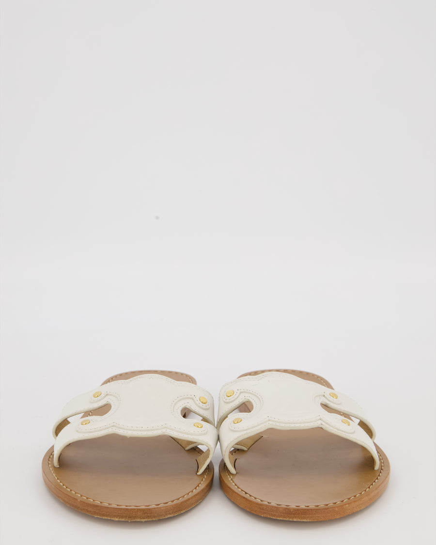 Celine White Leather Triomphe Studded Sandals Size EU 41