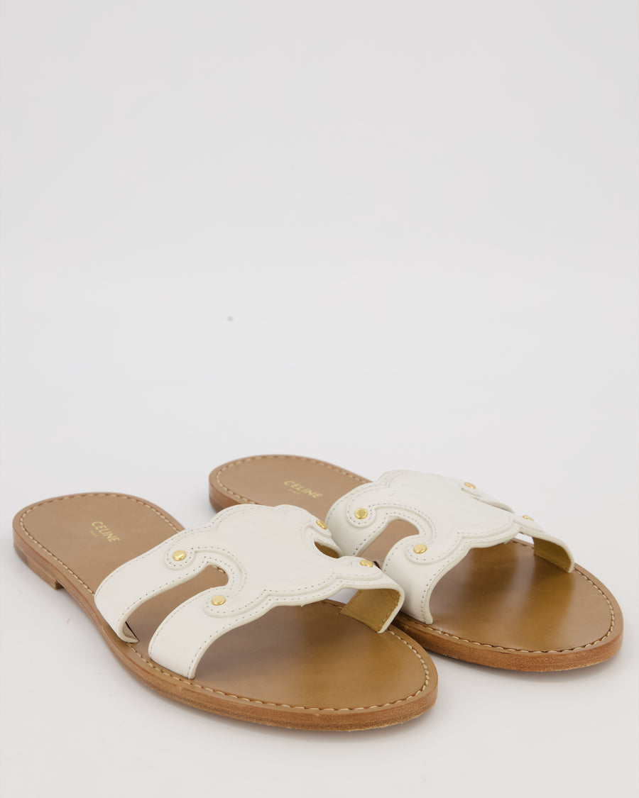 Celine White Leather Triomphe Studded Sandals Size EU 41