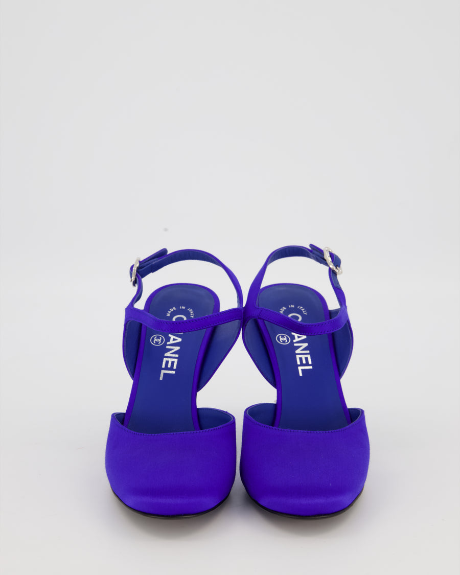 Chanel Blue Satin Ankle-Strap Heels with Silver CC and Crystal Details Size 37.5