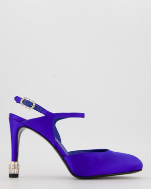 Chanel Blue Satin Ankle-Strap Heels with Silver CC and Crystal Details Size 37.5