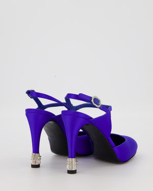 Chanel Blue Satin Ankle-Strap Heels with Silver CC and Crystal Details Size 37.5