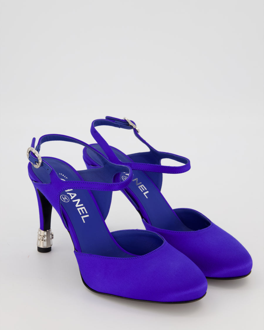 Chanel Blue Satin Ankle-Strap Heels with Silver CC and Crystal Details Size 37.5