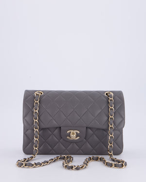 Chanel Dark Grey Small Classic Double Flap Bag in Lambskin Leather with Champagne Gold Hardware
