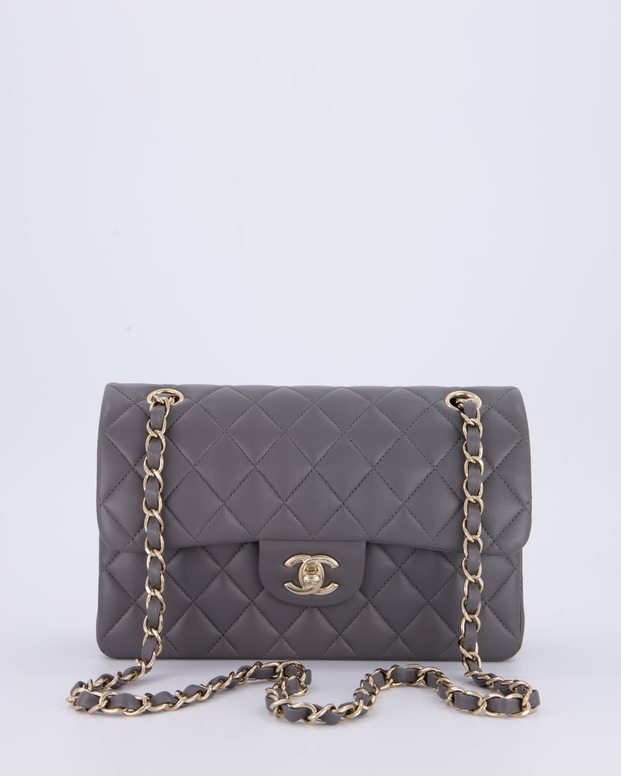 Chanel Dark Grey Small Classic Double Flap Bag in Lambskin Leather with Champagne Gold Hardware