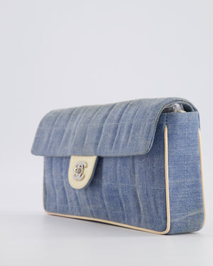 Chanel Vintage Blue Denim East West Chocolate Bar Bag with Cream Patent Leather Details and Silver Hardware