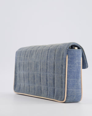 Chanel Vintage Blue Denim East West Chocolate Bar Bag with Cream Patent Leather Details and Silver Hardware