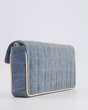 Chanel Vintage Blue Denim East West Chocolate Bar Bag with Cream Patent Leather Details and Silver Hardware