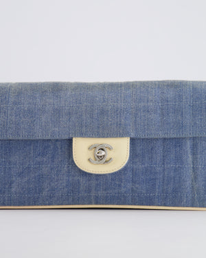 Chanel Vintage Blue Denim East West Chocolate Bar Bag with Cream Patent Leather Details and Silver Hardware