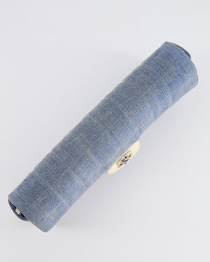 Chanel Vintage Blue Denim East West Chocolate Bar Bag with Cream Patent Leather Details and Silver Hardware