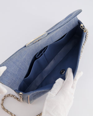 Chanel Vintage Blue Denim East West Chocolate Bar Bag with Cream Patent Leather Details and Silver Hardware