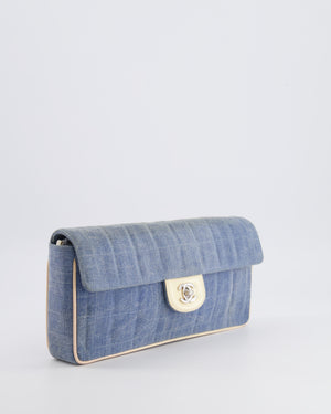 Chanel Vintage Blue Denim East West Chocolate Bar Bag with Cream Patent Leather Details and Silver Hardware