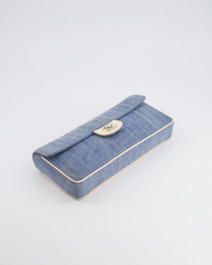 Chanel Vintage Blue Denim East West Chocolate Bar Bag with Cream Patent Leather Details and Silver Hardware