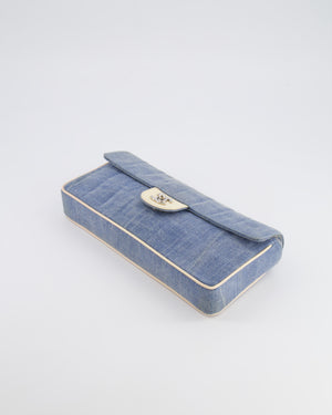 Chanel Vintage Blue Denim East West Chocolate Bar Bag with Cream Patent Leather Details and Silver Hardware