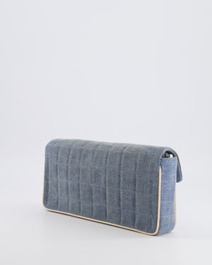Chanel Vintage Blue Denim East West Chocolate Bar Bag with Cream Patent Leather Details and Silver Hardware
