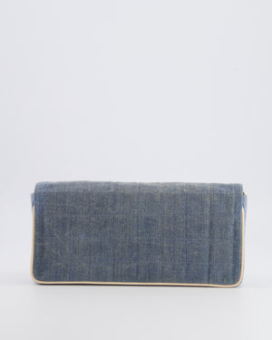 Chanel Vintage Blue Denim East West Chocolate Bar Bag with Cream Patent Leather Details and Silver Hardware