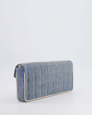 Chanel Vintage Blue Denim East West Chocolate Bar Bag with Cream Patent Leather Details and Silver Hardware