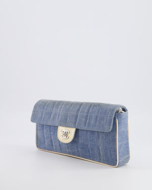 Chanel Vintage Blue Denim East West Chocolate Bar Bag with Cream Patent Leather Details and Silver Hardware
