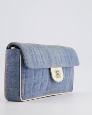 Chanel Vintage Blue Denim East West Chocolate Bar Bag with Cream Patent Leather Details and Silver Hardware