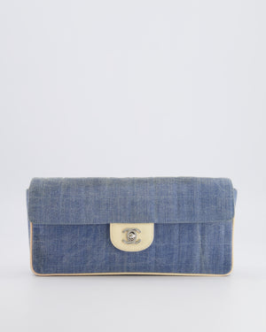 Chanel Vintage Blue Denim East West Chocolate Bar Bag with Cream Patent Leather Details and Silver Hardware