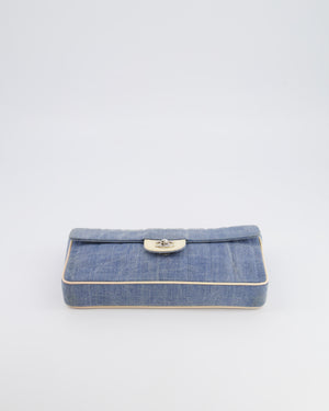 Chanel Vintage Blue Denim East West Chocolate Bar Bag with Cream Patent Leather Details and Silver Hardware