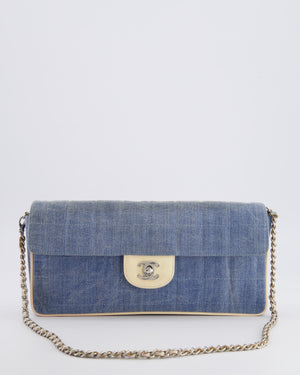 Chanel Vintage Blue Denim East West Chocolate Bar Bag with Cream Patent Leather Details and Silver Hardware