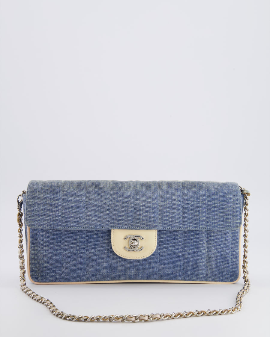 Chanel Vintage Blue Denim East West Chocolate Bar Bag with Cream Patent Leather Details and Silver Hardware