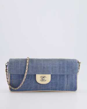 Chanel Vintage Blue Denim East West Chocolate Bar Bag with Cream Patent Leather Details and Silver Hardware