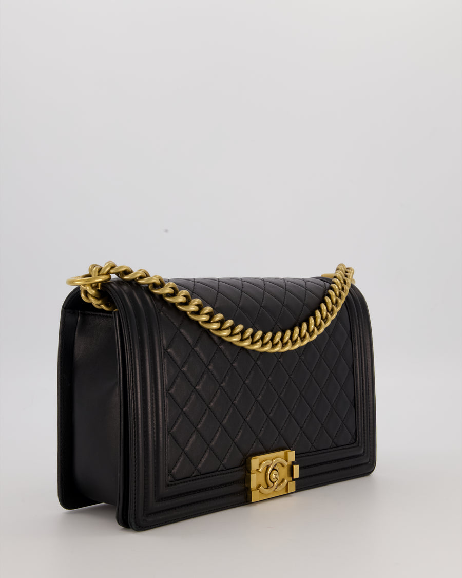Chanel Black Medium Boy Bag in Quilted Lambskin Leather with Brushed Gold Hardware