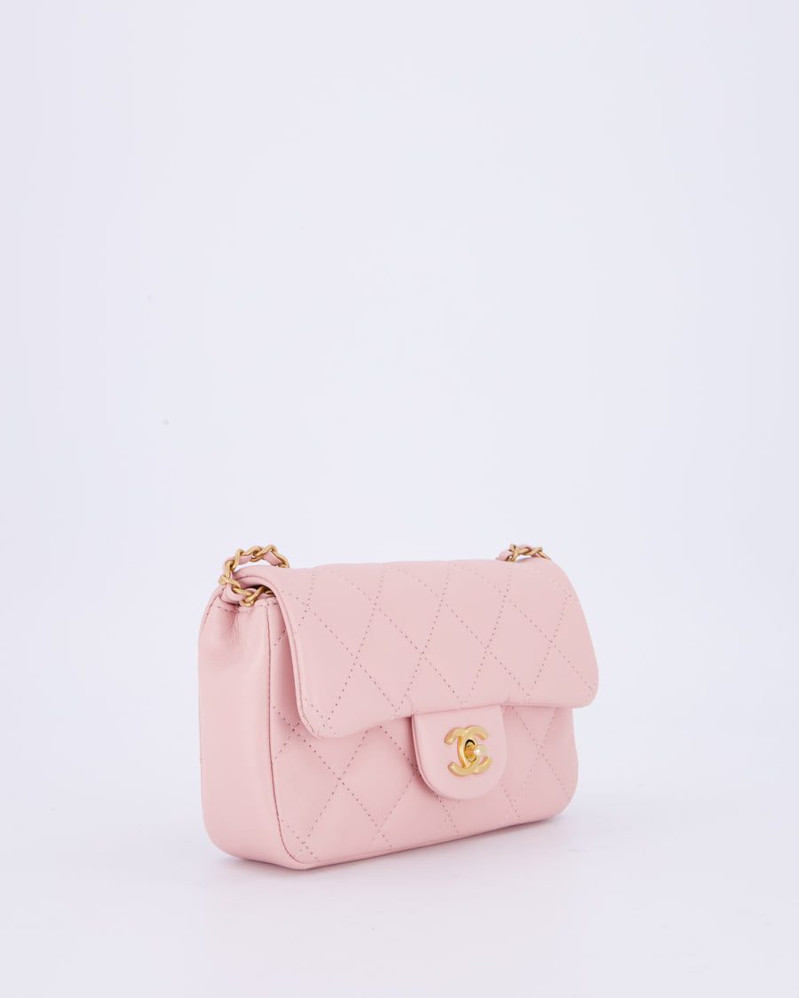 *HOT* Chanel 22B Light Pink Mini Flap Bag in Lambskin Leather with Brushed Gold Hardware and Hearts Charms Detail