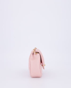 *HOT* Chanel 22B Light Pink Mini Flap Bag in Lambskin Leather with Brushed Gold Hardware and Hearts Charms Detail