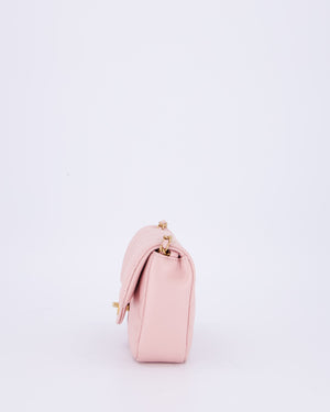 *HOT* Chanel 22B Light Pink Mini Flap Bag in Lambskin Leather with Brushed Gold Hardware and Hearts Charms Detail