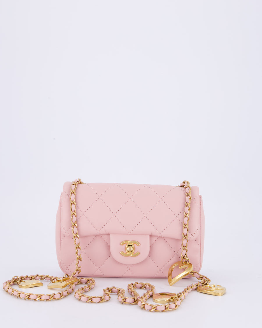 *HOT* Chanel 22B Light Pink Mini Flap Bag in Lambskin Leather with Brushed Gold Hardware and Hearts Charms Detail