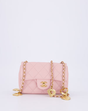 *HOT* Chanel 22B Light Pink Mini Flap Bag in Lambskin Leather with Brushed Gold Hardware and Hearts Charms Detail