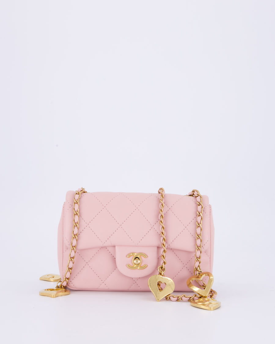 *HOT* Chanel 22B Light Pink Mini Flap Bag in Lambskin Leather with Brushed Gold Hardware and Hearts Charms Detail